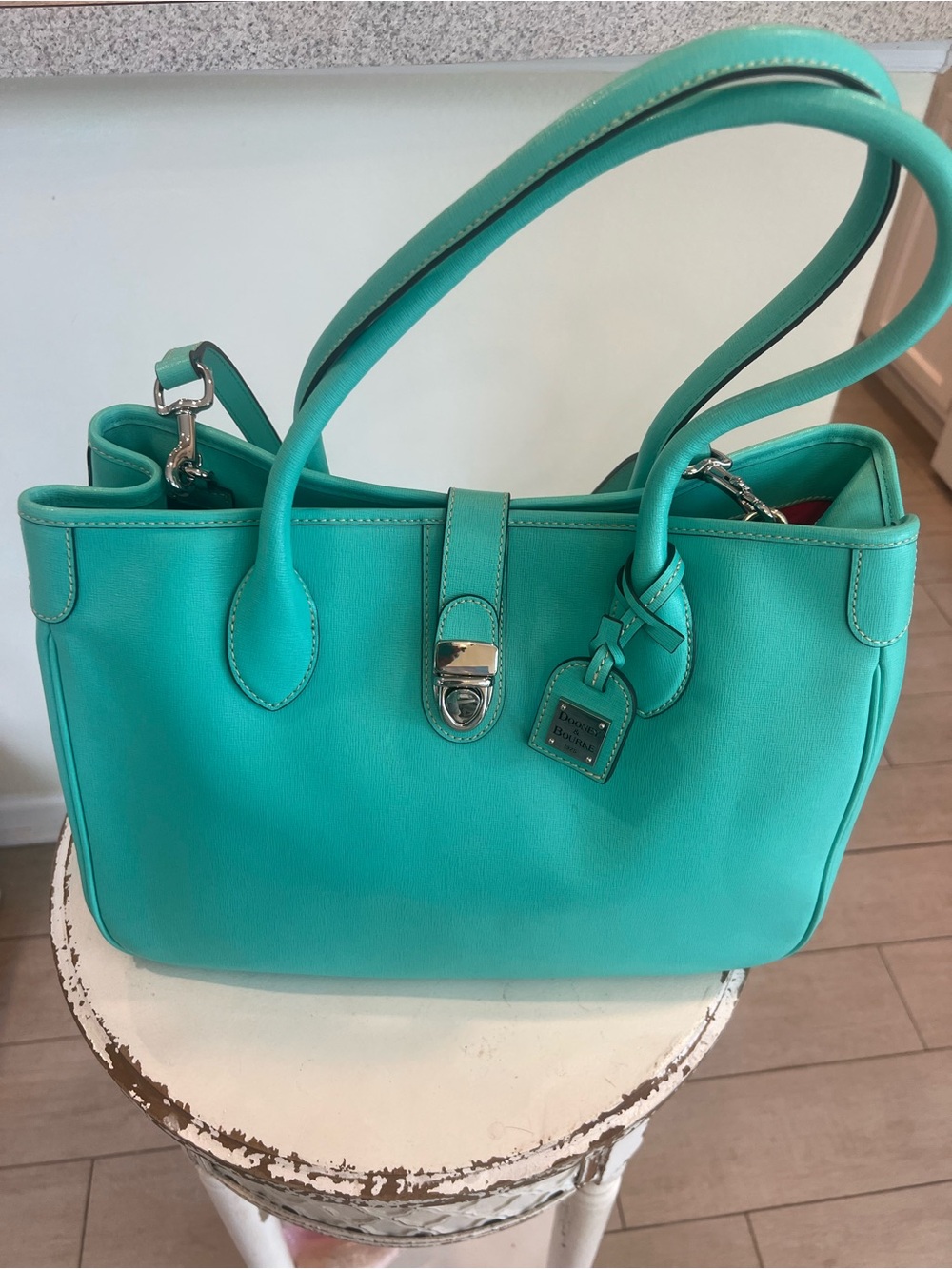 Dooney & Bourke Turquoise Blue Green Saffiano Leather Shoulder Bag double closer